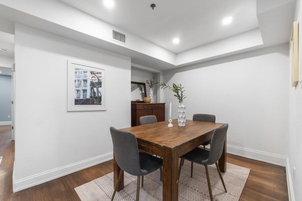Dining room, Interior, Recessed Lighting, Wood Texture Flooring