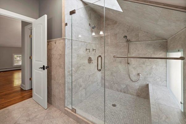 Bathroom, Glass Shower, Interior, Wood Texture Flooring
