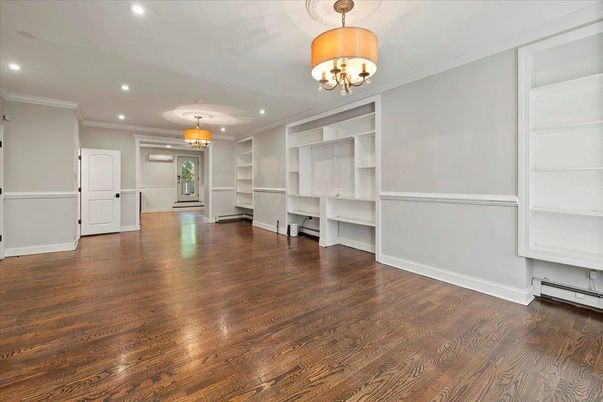 Chandelier, Empty room, Interior, Recessed Lighting, Wood Texture Flooring