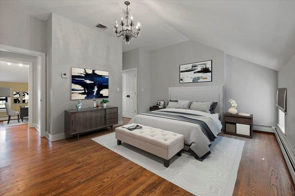 Bedroom, Chandelier, Interior, Recessed Lighting, Wood Texture Flooring