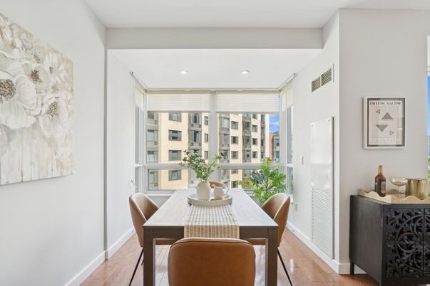 Dining room, Interior, Recessed Lighting, Wood Texture Flooring