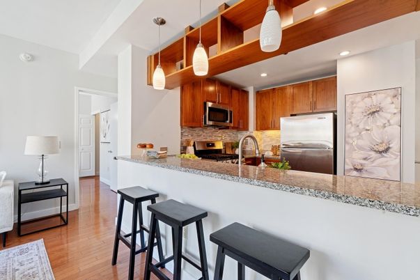 Interior, Kitchen, Pendant Lights, Recessed Lighting, Stainless Steel Appliances, Wood Texture Flooring