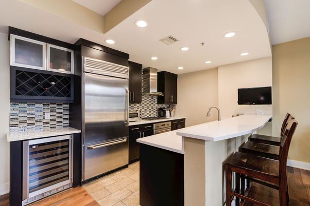 Interior, Kitchen, Recessed Lighting, Stainless Steel Appliances, Wood Texture Flooring