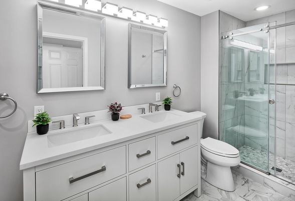 Bathroom, Dual Sink Vanities, Glass Shower, Interior, Marble, Marble Walls, Recessed Lighting