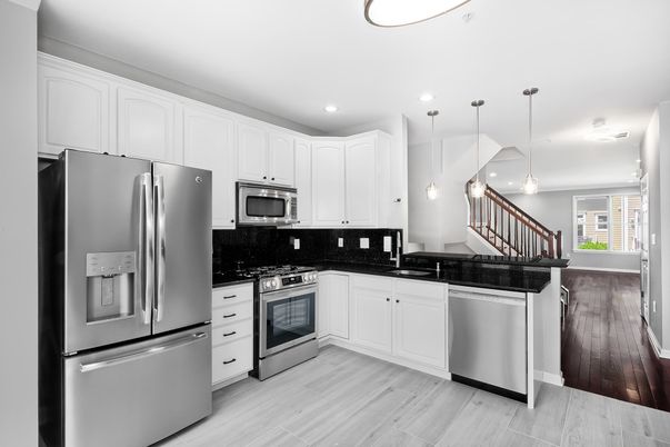 Interior, Kitchen, Pendant Lights, Recessed Lighting, Stainless Steel Appliances, Wood Texture Flooring