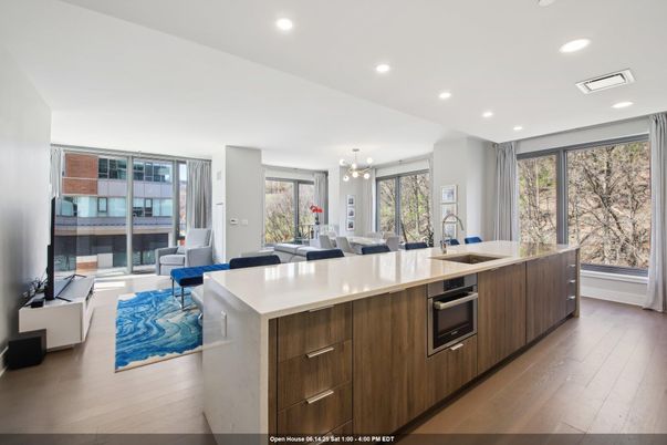 Dining room, Interior, Kitchen, Living room, Pendant Lights, Recessed Lighting, Stainless Steel Appliances, Wood Texture Flooring
