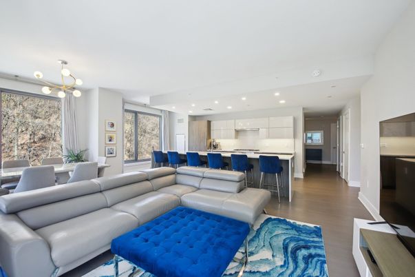 Dining room, Interior, Kitchen, Living room, Pendant Lights, Recessed Lighting, Stainless Steel Appliances, Wood Texture Flooring