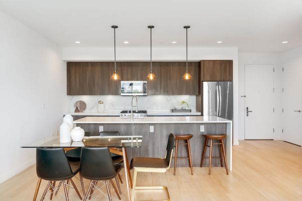 Interior, Kitchen, Pendant Lights, Recessed Lighting, Stainless Steel Appliances, Wood Texture Flooring