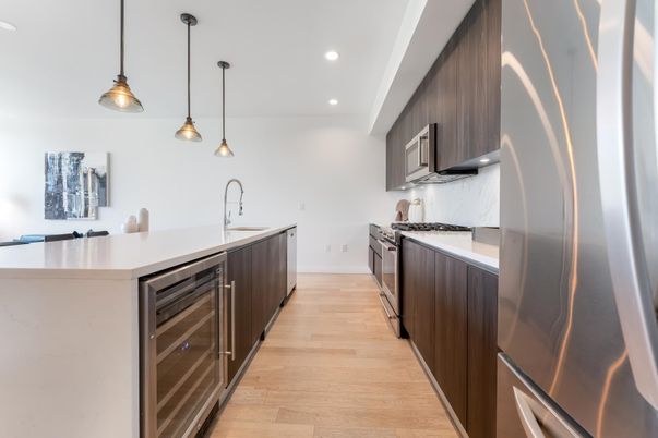 Interior, Kitchen, Pendant Lights, Recessed Lighting, Stainless Steel Appliances, Wood Texture Flooring