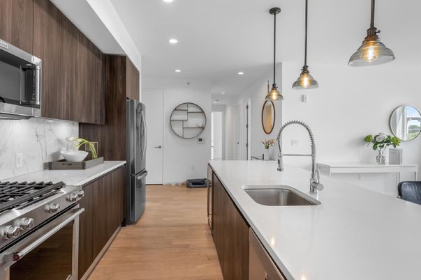 Interior, Kitchen, Pendant Lights, Recessed Lighting, Stainless Steel Appliances, Wood Texture Flooring