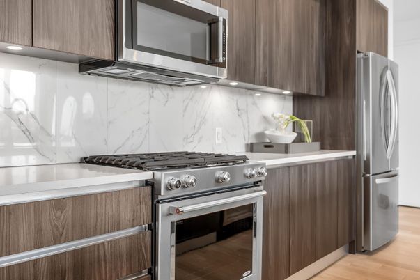 Interior, Kitchen, Marble Walls, Stainless Steel Appliances, Wood Texture Flooring
