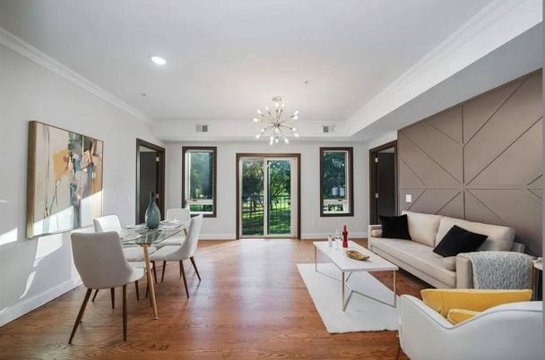 Dining room, Interior, Living room, Pendant Lights, Recessed Lighting, Wood Texture Flooring