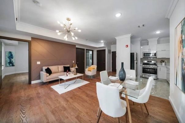 Dining room, Interior, Kitchen, Living room, Pendant Lights, Recessed Lighting, Stainless Steel Appliances, Wood Texture Flooring