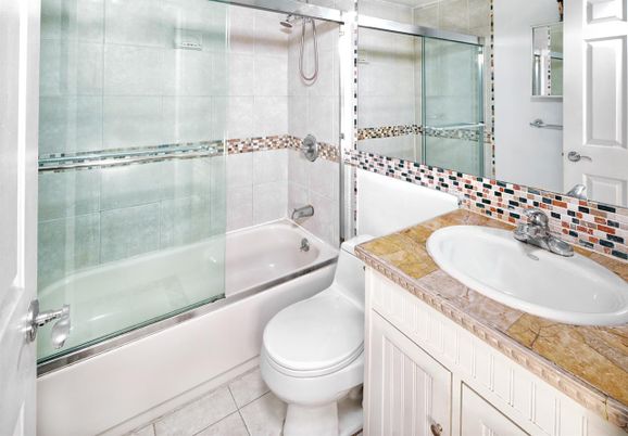 Bathroom, Glass Shower, Interior, Tile Countertops