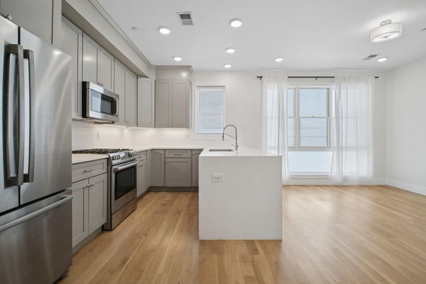 Interior, Kitchen, Recessed Lighting, Stainless Steel Appliances, Wood Texture Flooring