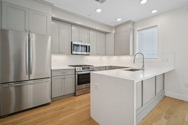 Interior, Kitchen, Recessed Lighting, Stainless Steel Appliances, Wood Texture Flooring