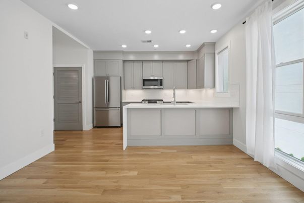 Interior, Kitchen, Recessed Lighting, Stainless Steel Appliances, Wood Texture Flooring