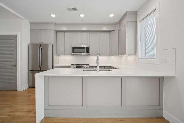Interior, Kitchen, Recessed Lighting, Stainless Steel Appliances, Wood Texture Flooring
