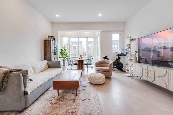 Dining room, Fitness Equipment, Interior, Living room, Recessed Lighting, Wood Texture Flooring