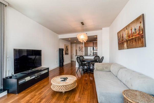 Chandelier, Dining room, Interior, Kitchen, Living room, Recessed Lighting, Stainless Steel Appliances, Wood Texture Flooring