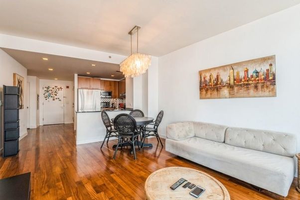 Chandelier, Dining room, Interior, Kitchen, Recessed Lighting, Stainless Steel Appliances, Wood Texture Flooring