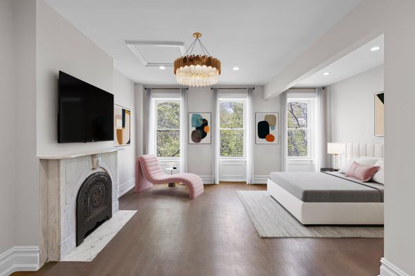 Bedroom, Chandelier, Fireplace, Interior, Recessed Lighting, Wood Texture Flooring