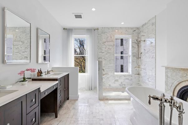 Bathroom, Dual Sink Vanities, Free Standing Baths, Interior, Marble, Marble Walls, Recessed Lighting