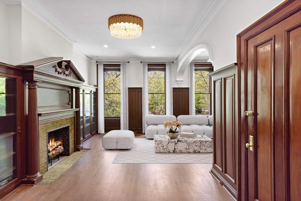 Fireplace, Interior, Living room, Recessed Lighting, Wood Texture Flooring