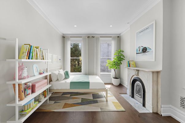 Bedroom, Fireplace, Interior, Recessed Lighting, Wood Texture Flooring