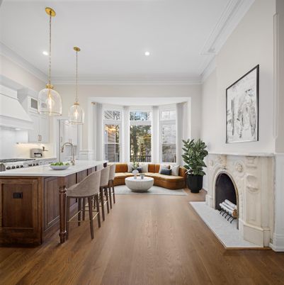 Dining room, Fireplace, Interior, Kitchen, Pendant Lights, Recessed Lighting, Wood Texture Flooring