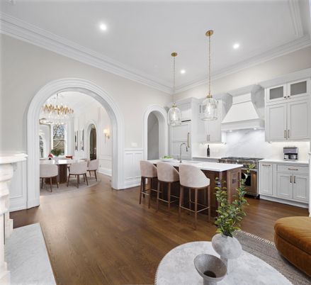 Dining room, Interior, Kitchen, Pendant Lights, Recessed Lighting, Wood Texture Flooring