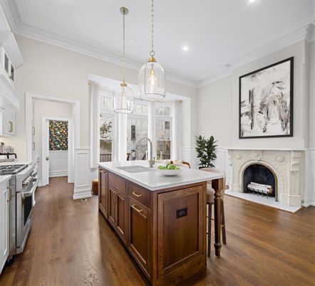 Fireplace, Interior, Kitchen, Pendant Lights, Recessed Lighting, Wood Texture Flooring