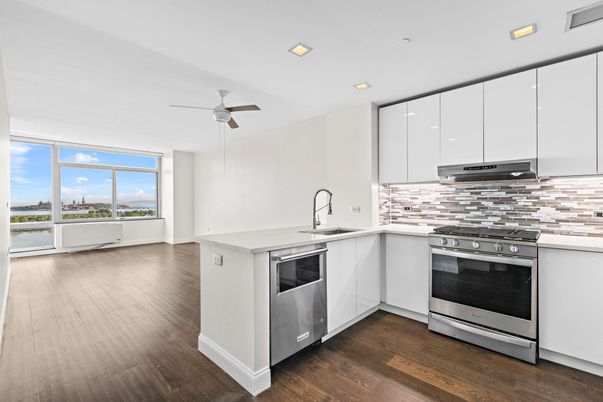 Interior, Kitchen, Recessed Lighting, Stainless Steel Appliances, Water, Wood Texture Flooring