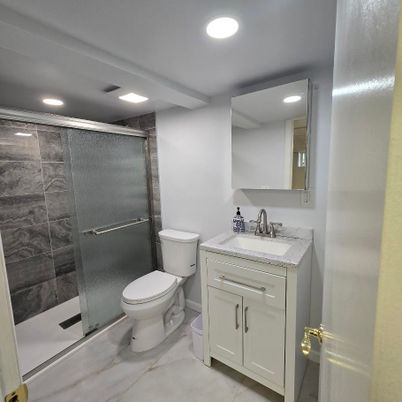 Bathroom, Glass Shower, Interior, Marble, Recessed Lighting