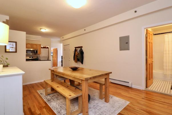 Dining room, Interior, Kitchen, Stainless Steel Appliances, Wood Texture Flooring