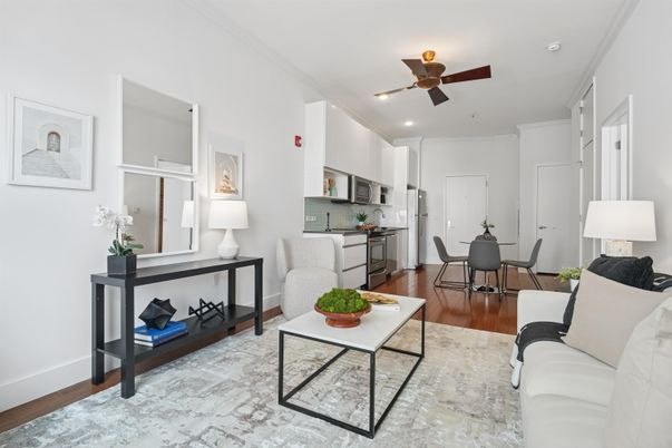 Dining room, Interior, Kitchen, Living room, Recessed Lighting, Stainless Steel Appliances, Wood Texture Flooring