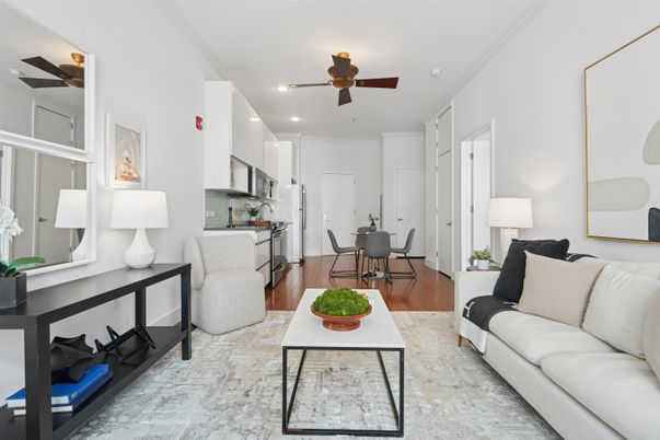 Dining room, Interior, Kitchen, Living room, Recessed Lighting, Stainless Steel Appliances, Wood Texture Flooring