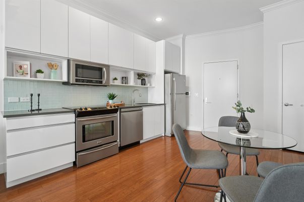Dining room, Interior, Kitchen, Recessed Lighting, Stainless Steel Appliances, Wood Texture Flooring