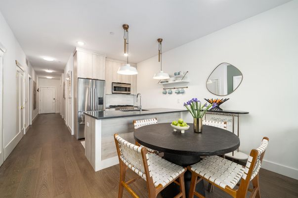 Dining room, Interior, Kitchen, Pendant Lights, Recessed Lighting, Stainless Steel Appliances, Wood Texture Flooring