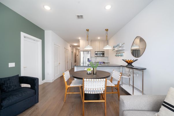 Dining room, Interior, Kitchen, Pendant Lights, Recessed Lighting, Stainless Steel Appliances, Wood Texture Flooring