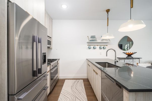 Interior, Kitchen, Pendant Lights, Recessed Lighting, Stainless Steel Appliances, Wood Texture Flooring