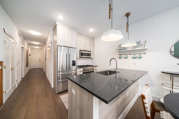 Interior, Kitchen, Pendant Lights, Recessed Lighting, Stainless Steel Appliances, Wood Texture Flooring
