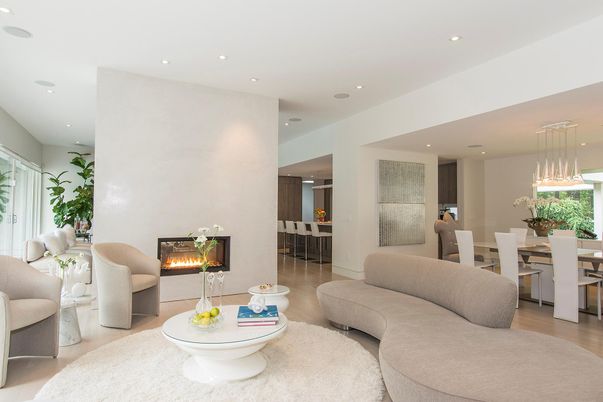 Dining room, Fireplace, Interior, Living room, Pendant Lights, Recessed Lighting, Wood Texture Flooring