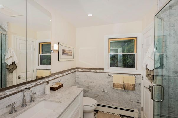 Bathroom, Glass Shower, Interior, Marble Walls, Recessed Lighting