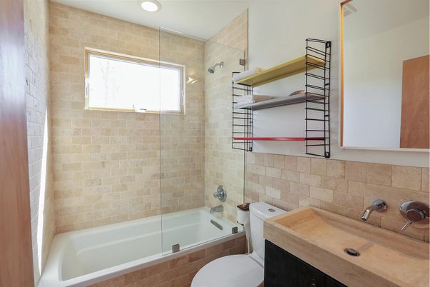 Bathroom, Glass Shower, Interior, Recessed Lighting, Stone Walls