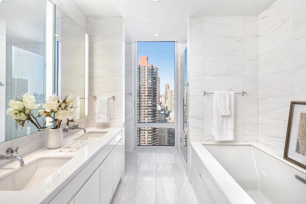 Bathroom, Dual Sink Vanities, Interior, Marble, Marble Walls, Recessed Lighting