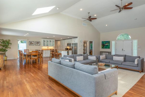 Dining room, Interior, Kitchen, Living room, Recessed Lighting, Stainless Steel Appliances, Wood Texture Flooring