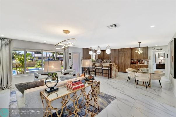 Dining room, Interior, Kitchen, Living room, Marble, Pendant Lights, Recessed Lighting, Wooden Walls
