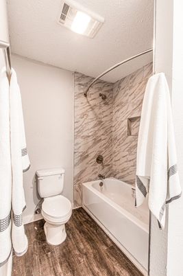 Bathroom, Interior, Marble Walls, Wood Texture Flooring