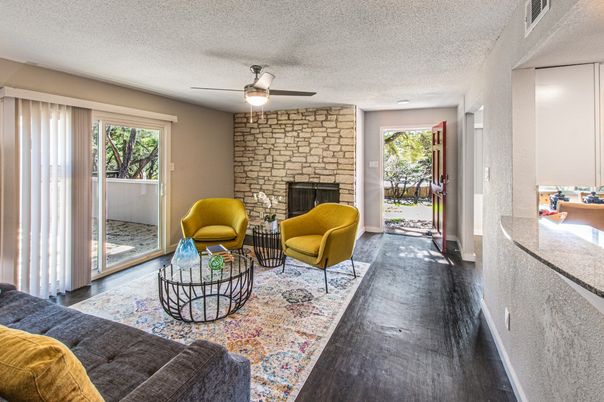 Fireplace, Interior, Living room, Stone Walls, Wood Texture Flooring